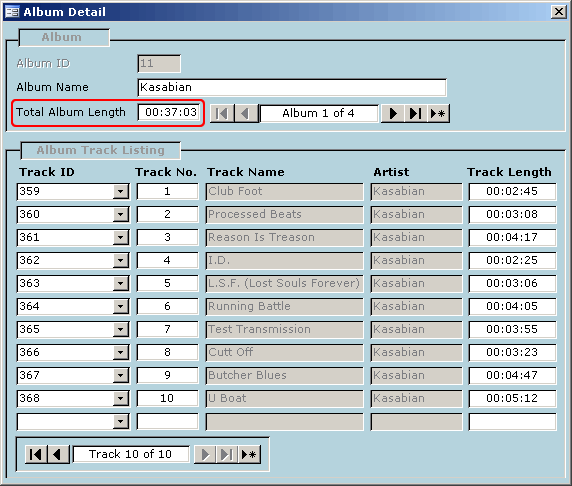 The main form, displaying the calculated control, returning the subforms subtotals
