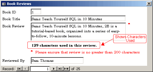 Image showing the character count being displayed upon data entry