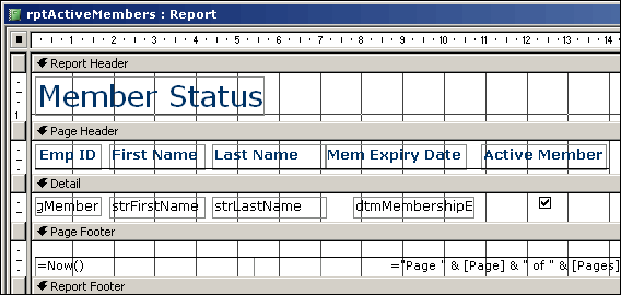 The report in design view, showing the detail section and the Active checkbox
