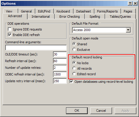 Showing the Default Record locking options