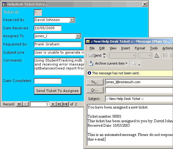 The e-mail generated by Microsoft Access through Microsoft Outlook, using information from the form