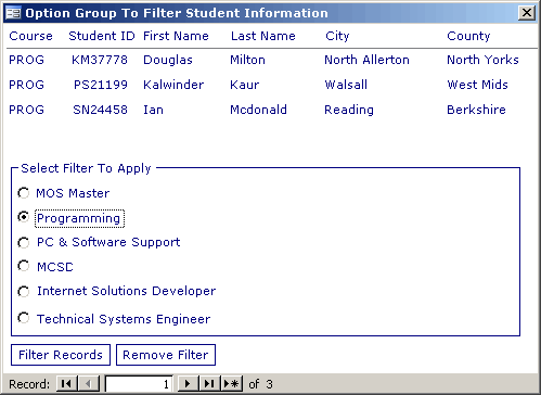 Form, showing filter applied using the Option Group