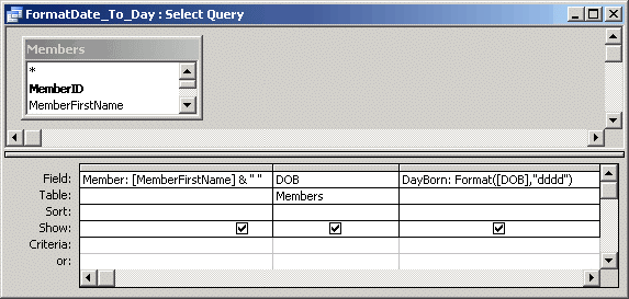 Query design showing the Format function