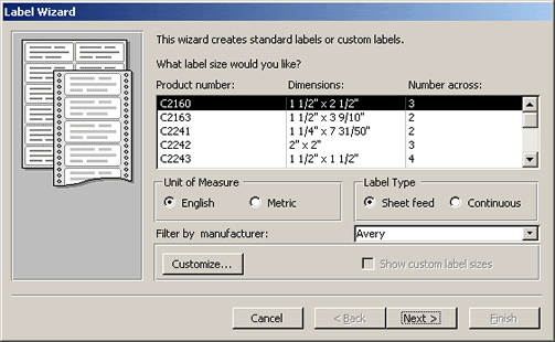 Label Wizard dialog, allowing you to choose the size of label you will be using