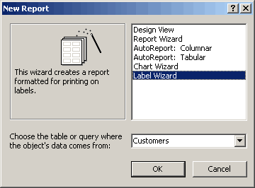The New Report dialog box, choosing the Label Wizard and source data for the report.
