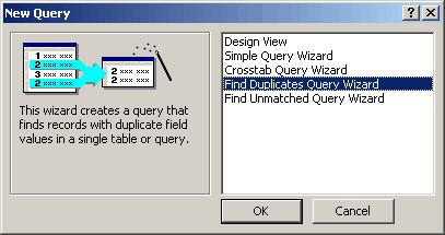 Choosing the Find Duplicates Query Wizard from the New Query dialog box