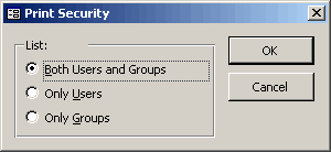 The options available for printing Security settings