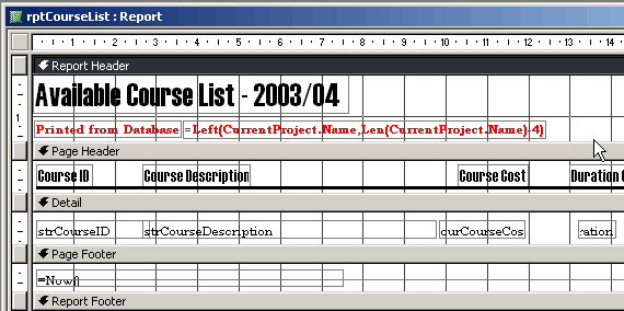 Design view of the report, including the expression to record the database name on the report