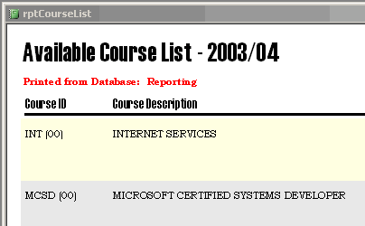 The report in preview mode, displaying the name of the database that the report is printed from.