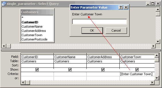 An example of the design for a single parameter query, that generates a prompt for the user to enter a  Customer Town criteria