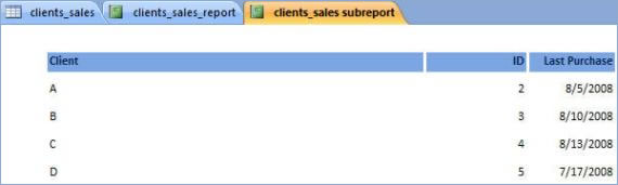 The subreport showing only the selected fields