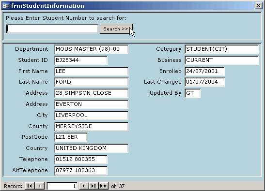 Form containing the text search facility