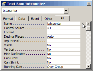 The properties for txtcounter.