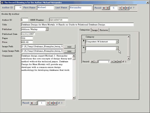 Main data entry screen containing areas to add Author and Book information