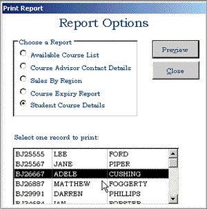 Microsoft Access custom report generation screen